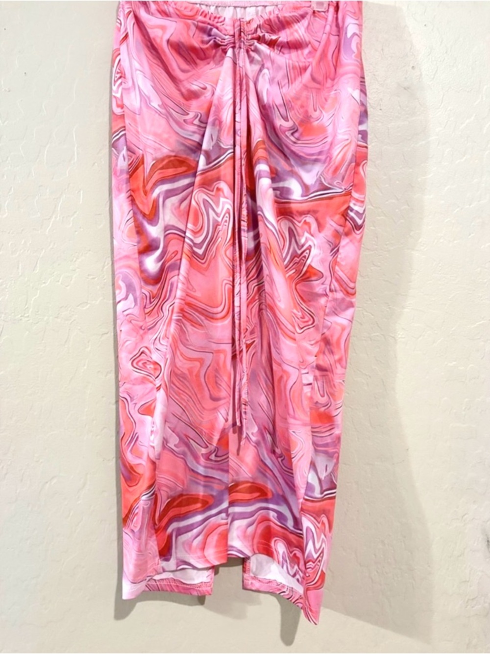 Pink Marble Wrap Skirt Tie Waist Y2K Barbiecore Swirl Print Midi Skirt- Size L